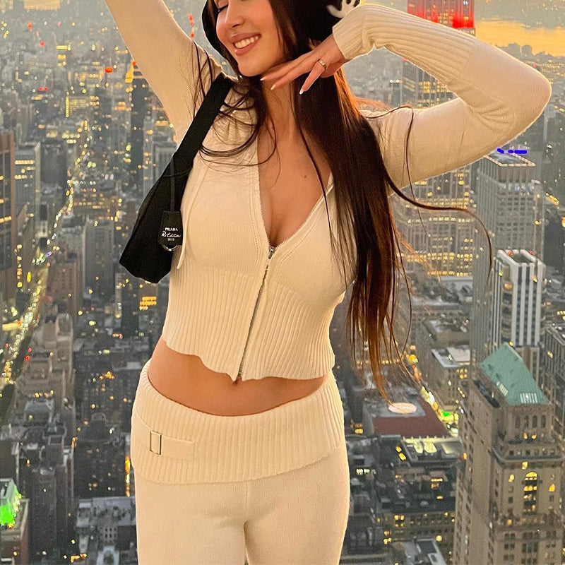 Matching Set Hoodie Zip Long Sleeve Sweater And High Waist Long Pants Set Women's Clothing