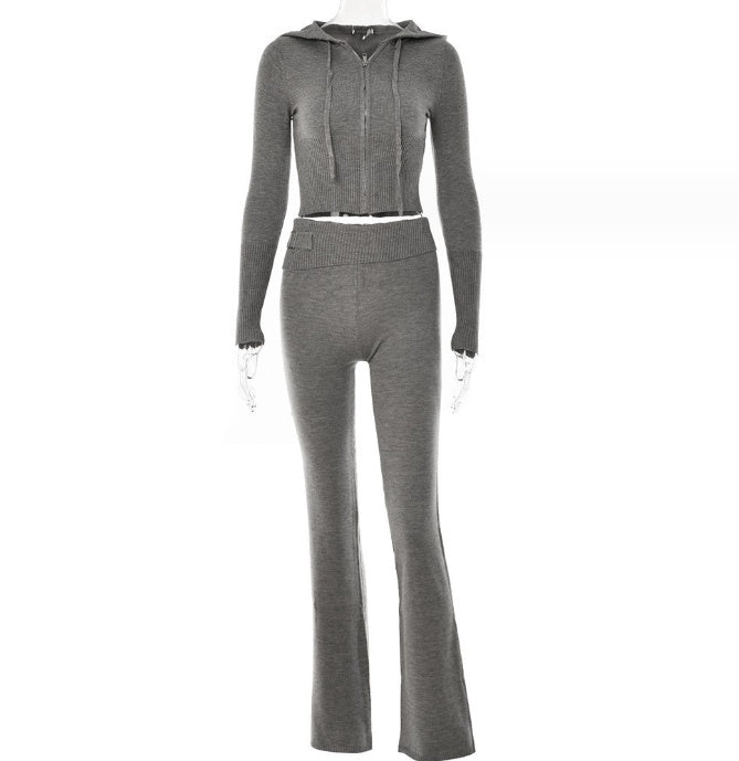 Matching Set Hoodie Zip Long Sleeve Sweater And High Waist Long Pants Set Women's Clothing