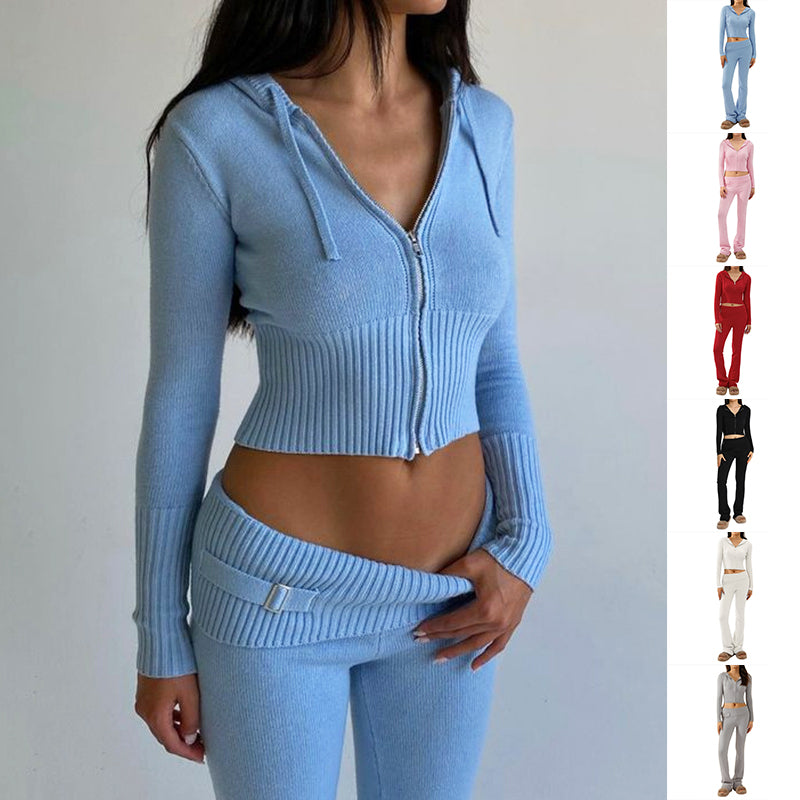 Matching Set Hoodie Zip Long Sleeve Sweater And High Waist Long Pants Set Women's Clothing